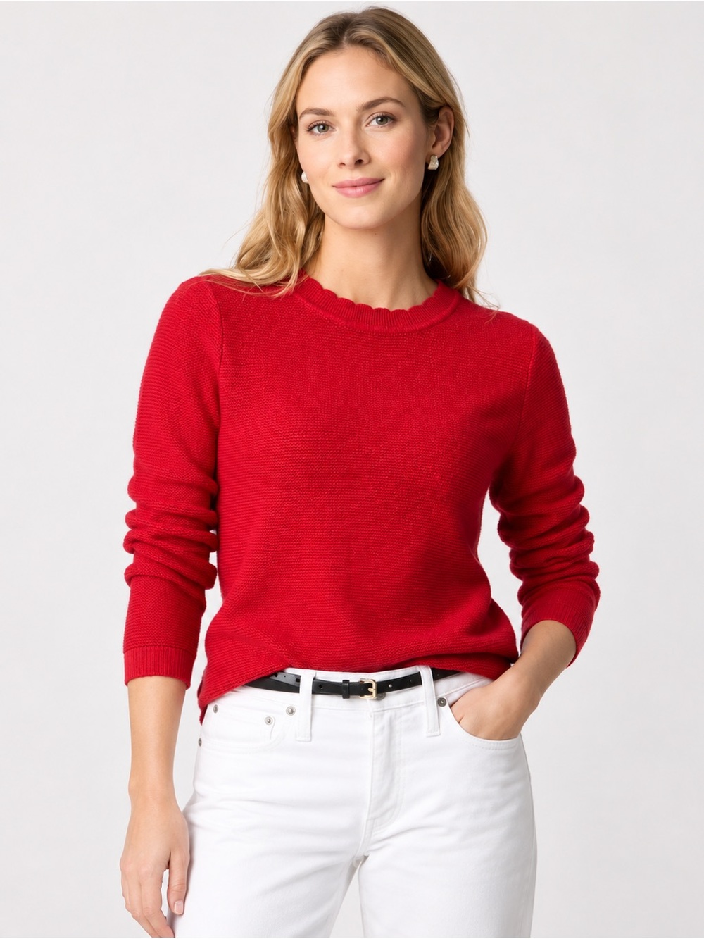 NWT J.Crew Factory Scalloped Crewneck Sweater Classic Cardinal Red S Christmas